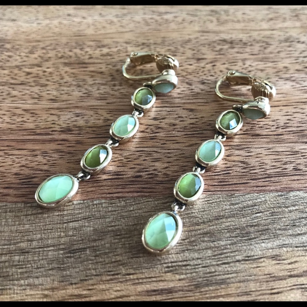 Monet Two Toned Green Crystal Drop Clasp Earrings